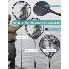 Avlcoaky Rubber Fishing Net Large Fishing Landing Net for Saltwater Fishing Net with Telescoping Handle Kayak Fishing Nets Trout Salmon Fish Net with Bag Extend 70 to 94 Inch Net Depth 27.5 Inch