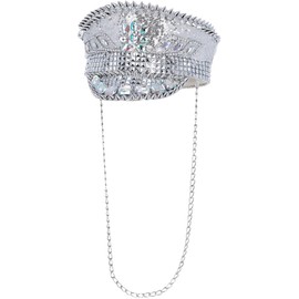 Smiffys Fever Deluxe Sequin Studded Captains Hat, Silver with Chain, Fever Accessories Fancy Dress, Adult Dress Up Hats