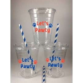 Party Puppy Dog Party Cups Birthday Lets Pawty Set/12 With Lids Straws Paws