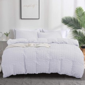 Boqingzhu Seersucker Bed Linen White 135 x 200 cm 2-Piece Plain Summer Breathable Cooling Reversible Bed Linen Set Duvet Cover 135 x 200 cm and Pillowcase 80 x 80 cm with Zip