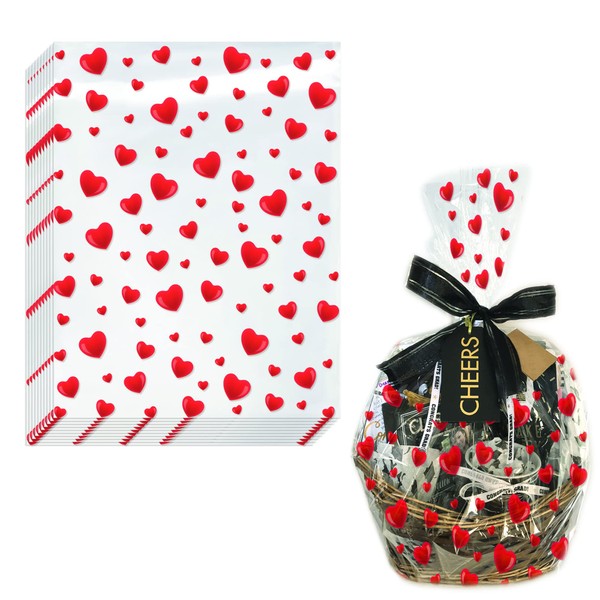 AnapoliZ Cellophane Wrap Bags with Hearts | (10 Pcs) X-Large 24” in X 30” in | 2.5 Mil Thick Crystal Clear Cellophane Bags with Hearts | Gifts, Baskets Wrapping | Valentines, Mother’s Day Baskets