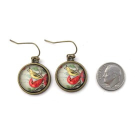 Cardinal Dangle Earrings - Vintage Image Under Glass Cabochon - Bird Jewelry