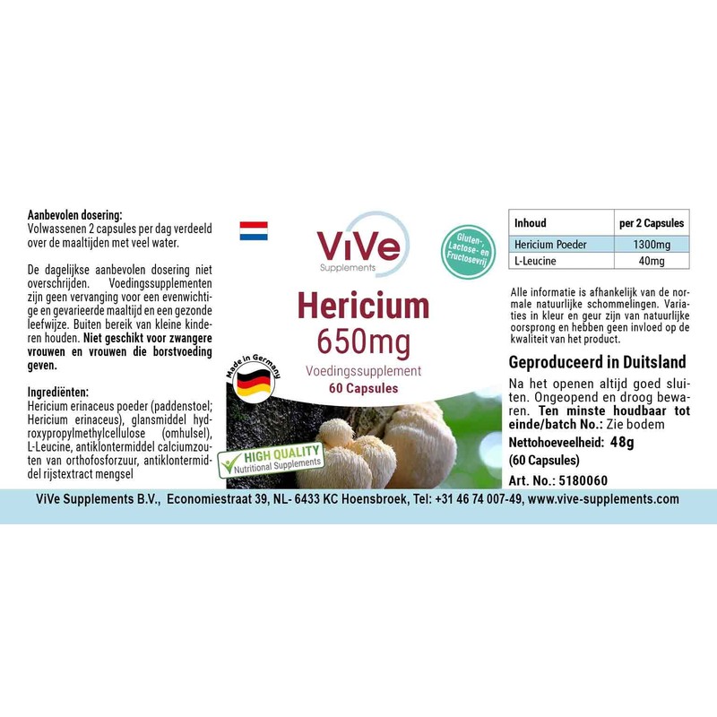 Hericium 650 mg – 60 Capsules Mushroom Powder – Vital