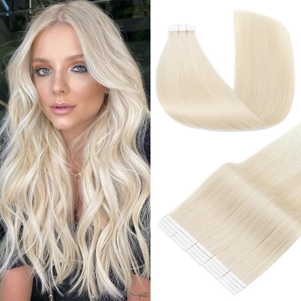 Hairro Tape in Hair Extensions Human Hair, 22 inch #70 Bleach White 50g Tape in Human Hair Extension Real Remy Hair Invisible Seamless Skin Weft for Women 20pcs Straight Tape Hair (22 inch, 70, 50g)
