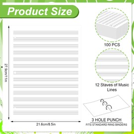 Fullhawl Loose Leaf Music Filler Paper 8.5"x11" with 12 Staves of Music Lines 100 Sheets Blank Manuscript Staff Paper for Compositions, 3 Hole Punched