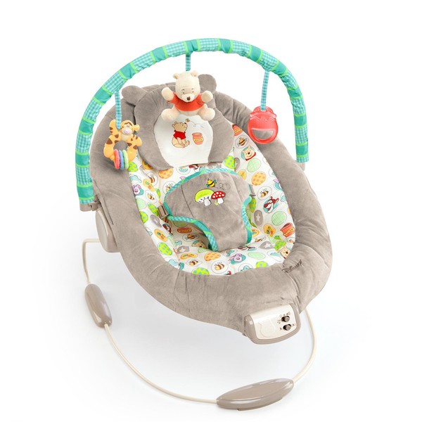 Bright Starts Winnie the Pooh Dots & Hunny Pots Baby Bouncer with Vibrating Infant Seat, Music & 3 Playtime Toys, 23x19x23 Inch