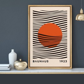 MUDECOR Framed Canvas Print Wall Art Mid-Century Bauhaus Red Sun & Black Waves Shapes Abstract Illustrations Modern Art Minimal Multicolor Relax/Calm for Living Room, Bedroom, Office - 24"x36" NATURAL