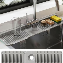 Silicone Sink Splash Guard 24-Inch, Non-Slip Faucet Splash Mat, Waterproof Draining Mat with Fasten Button for Kitchen & Bathroom Sinks, Durable Sponge Holder Protector Black:_Grey