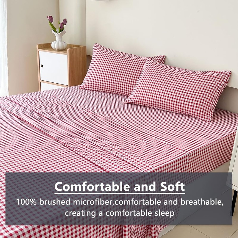 NSNLGSGC Red Gingham Twin Sheet Set, Soft Brushed Microfiber Red