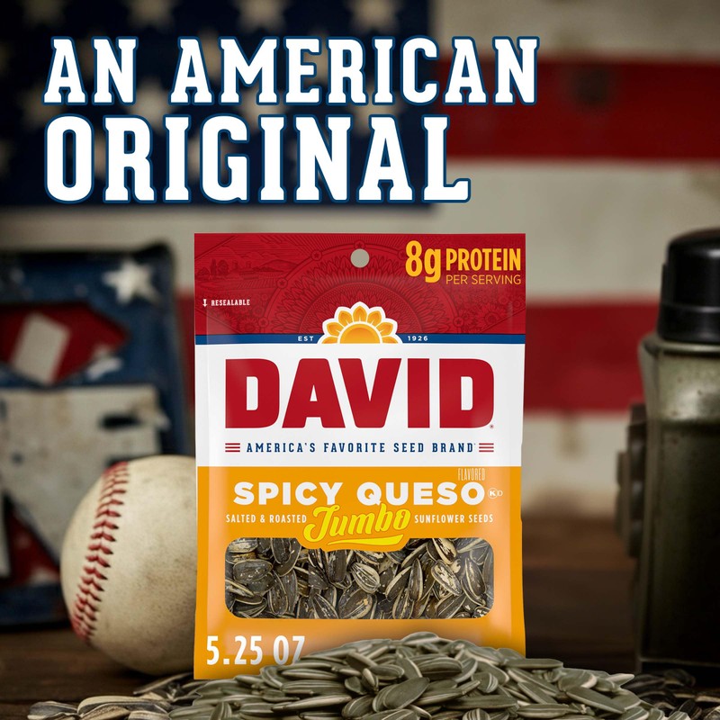 DAVID Roasted and Salted Spicy Queso Jumbo Sunflower Seeds, Keto