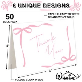 Whaline 50 Pack Pink Bow Thank You Cards Boxed Cute Greeting Cards with Envelopes Stickers Blank Note Cards for Coquette Birthday Baby Shower Wedding, 4 x 6 Inch