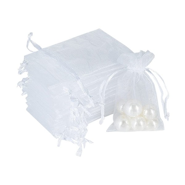 HRX Package 100pcs Mini Organza Jewelry Bags 2x3 inch, Little White Mesh Drawstring Gift Pouches for Candy Sample Party Favors