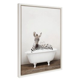 Kate and Laurel Sylvie Baby Zebra in Rustic Bath Framed Canvas Wall Art by Amy Peterson Art Studio, 18x24 White, Modern Fun Decorative Bathtub Wall Art for Home Décor