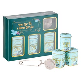New English Teas Loose Leaf Tea & Infuser Gift Set – 3 Vintage Victorian Tins with Breakfast, Earl Grey & Afternoon Blends with Loose Tea Infuser