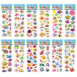12 Sheets 3D Sea Animals Stickers, Children's Cartoon Fish Puffy Stickers, 3D Ocean Animal Sticker Set, Various Underwater World Tropical Fish Stickers, for Boys Girls Birthday Decoration