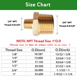 Quirkmyn 2pcs 3/8" NPT x 1/8" NPT Brass Nipple, 3/8 to 1/8 Adapter Fitting Reducing Solid Hex Nipple, 3/8 Male to 3/8 Male Reducer Pipe Fittings for Extending and Connecting Pipes
