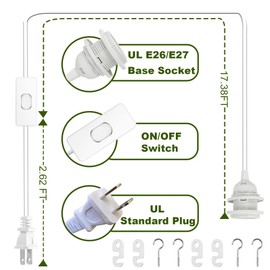 Jimosoon 20Ft Pendant Light Cord, White Plug in Hanging Lamp Kit E26 E27 Corded Light Socket with On/Off Switch, Socket Rings, UL Approval Extension Lantern Cable, 2 Pack