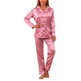 YIMANIE Womens Pajamas Silk Satin Pajama Sets for Women Soft Button Down Womens Loungewear Set with Pockets