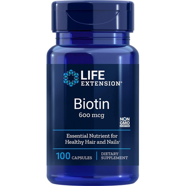 Life Extension Biotin 600 mcg Vitamin B7 Support Supplement for Beautiful Hair, Nails & Beyond – Gluten-Free, Non-GMO - 100 Capsules