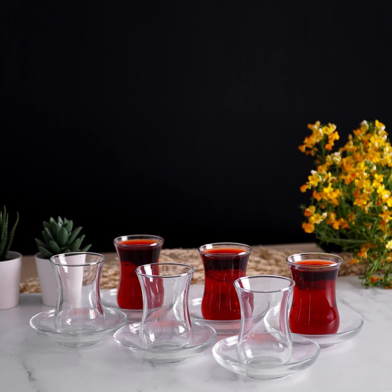 BullyBae Turkish Tea Glasses and Saucers Set (12 Pieces), Arabic