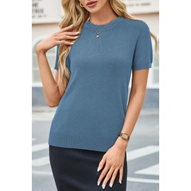 Arach&Cloz Womens Tops Spring Summer 2025 Trendy Short Sleeve Blue Sweaters Crew Neck Business Casual Clothes Blouse Chandail Femme(Blue,S)