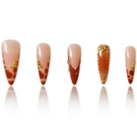 24 Pcs Brown French Tip Press on Nails Long Almond Shaped Fake Nails Golden Embossed Design Full Cover Gradient False Nail Retro Glue on Nails Stick on Nail for Women Nail Art Manicure