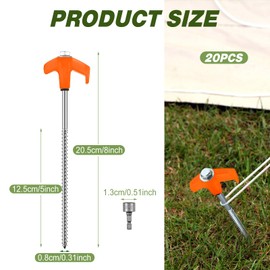 Hicarer 20 Pcs 8 Inch Tent Stakes Heavy Duty Tent Pegs Ground Stakes Tent Spikes Metal Yard Stakes Drill in Style Ground Anchor Peg for Camping Patio Garden Canopies Grassland (Orange)