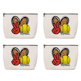 4Pcs Softball Gifts Leopard Makeup Bag Softball Party Favors Inspirational Gifts for Women Softball Sport Team Lovers Coach Mom Fans Cosmetic Bag Zipper Pouch Game Day Christmas Birthday Gift Ideas