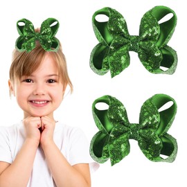 2PCS Sparkly Hair Bows for Girls 5 Inches Large Glitter Sequin Hair Bows Clips Hair Barrettes Headwear Hairpin Alligator Clips Bows for Girls Toddlers Kids Women(Green)