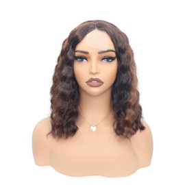 14 Inch Short Bob Wig Highlight Color Deep Water Wave Glueless Middle Part Wavy Small Lace Wet and Wave Curly Hair for Black Women Natural Looking Heat Resistant Fiber Synthetic Wig Ombre Color