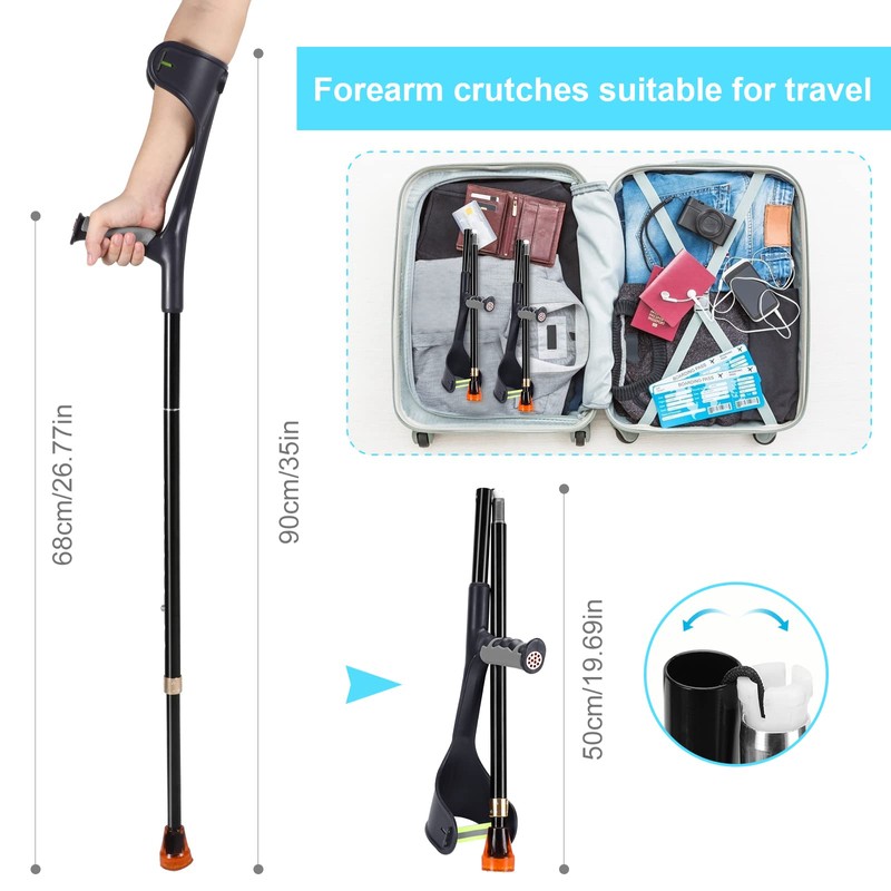 Antdvao Forearm Crutches Pair, Folding Forearm Crutches Lightweight Adjustable，with Rubber