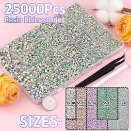 25000Pcs Resin Rhinestones for Crafting, AB 2-6mm Mixed Sizes Non Hotfix Flatback Gems with 1Pcs Glue, Bedazzling Crystal for DIY Craft Clothing Mugs Tumblers Shoes Fabric Decor Nail Art