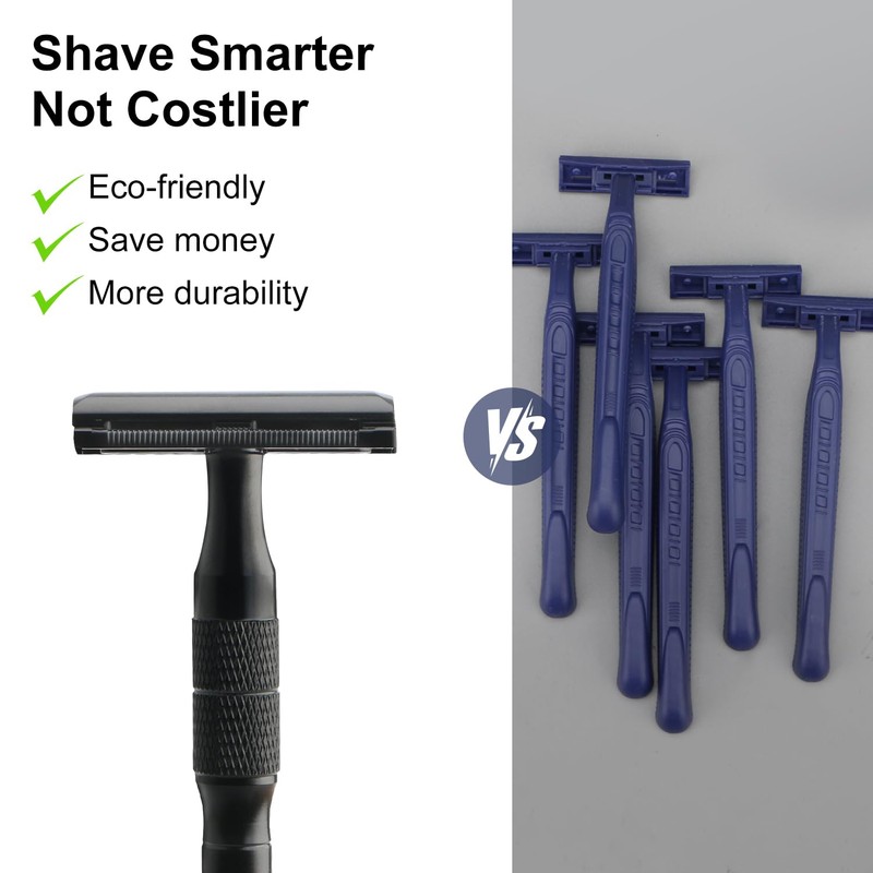 Matte Black Double Edge Safety Razor with Stand, Single Blade