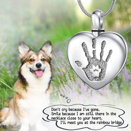 Fanery Sue Pet Ashes Necklace Cremation Jewelry Pet Memorial Gifts Heart Pendant for Loss of Dog Cat Urn Necklaces Rainbow Bridge(You Left Paw Prints on My Heart silver)
