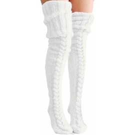 Edhomenn Women's Thigh High Socks Over the Knee Stockings Cable Knit Boot Socks Long Winter Leg Warmers (A-Beige, One Size)