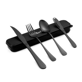 Travel Cutlery Set with Case Portable Silverware Utensils Set,5-pieces Stainless Steel Reusable Flatware Set Cutlery Set for Camping Picnic Hiking Office, Dishwasher Safe (matte black, 5.9)