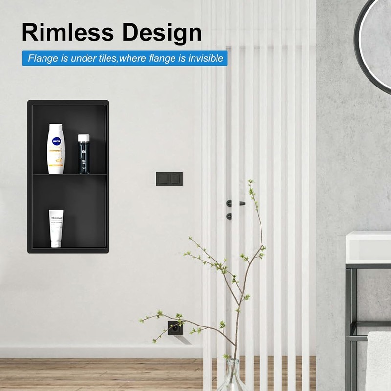 BATHFINESSE Shower Niche 24" X 12" Black, Stainless Steel Wall