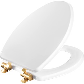 Mayfair Bennett Toilet Seat with Brushed Gold Hinges, Slow Close Wood Seat, Secure Metal Hinges, Easy Install, Made in USA, Elongated, White