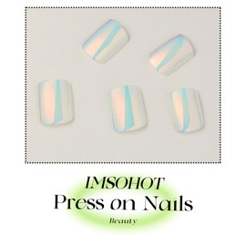 IMSOHOT Laser Press on Nails Short Square Fake Nails White Full Cover Glossy Glue on Nails Full Cover Chrome Squoval Acrylic False Nails Artificial Stick on Nails for Women Girls 24Pcs