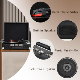 Hododou Vinyl Record Player Portable Suitcase Record Player Bluetooth USB Recording 3-Speed Turntables Built-in Speakers Belt-Driven LP Player Support AUX-in RCA Line Out Headphone Jack Audio Black
