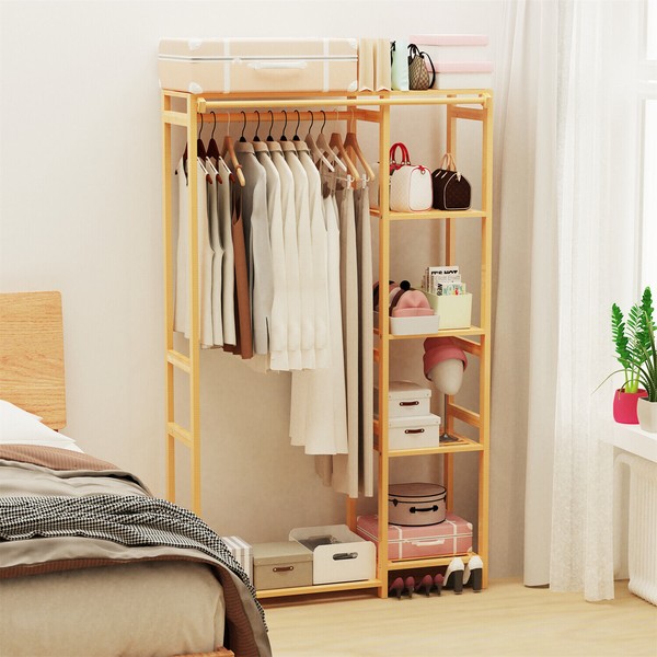 Heavy Duty Bamboo Closet Garment Rack with Shelf Clothes Hanger Stand Plant Rack