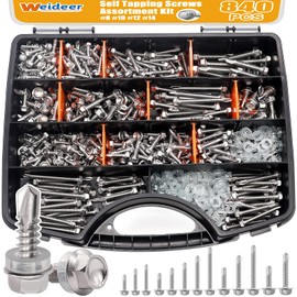 weideer 840pcs #8#10#12#14 Self Tapping Screws for Metal,410 Stainless Steel Screws Assortment Kit, Hex Washer Head Quick Tapping Self Drilling Screw with Rubber Washer (420 Sets) K-189