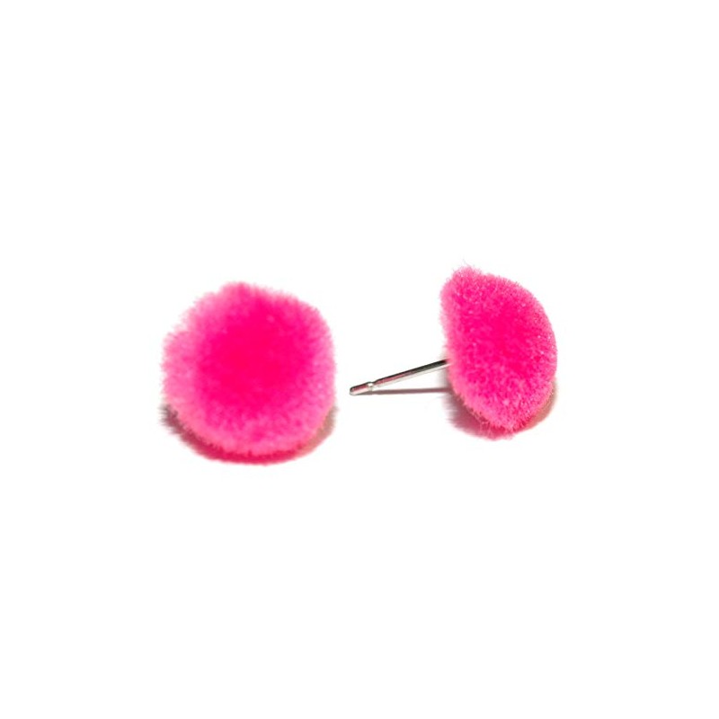 Mini Hot Pink Fuzzy Pom Pom Stud Earrings (S185)