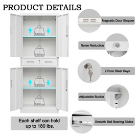 YEEZER Metal Storage Cabinet with 1 Drawer, Lockable 71 "H Steel Filing Cabinet with 2 Adjustable Shelves, Suitable for Offices, Garages, Warehouses, Schools, and Homes（White）