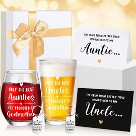 Qinyoung 7 Pcs Godparents Proposal Gift Will You Be My Godmother Godfather Glass Cup Keychains Cards Box for Godparents Auntie Uncle Father's Day from Godchild Baptism(Auntie Beer Cup)