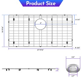 jkxoo 27-9/16" x 14-9/16" Sink Grid, Stainless Steel Sink Protectors for Kitchen Sink, Sink Bottom Grid, Rear Drain with Corner Radius 3/16", Sink Grids for Kitchen Sink, Sink Grid for Bottom of Sink
