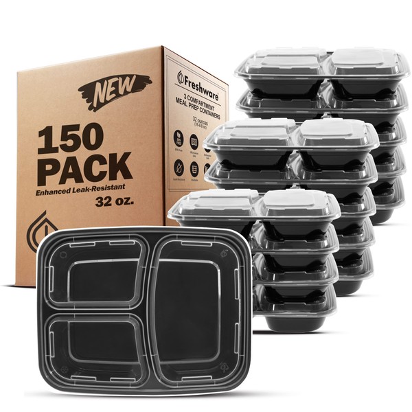 Freshware Meal Prep Containers [150 Pack] 3 Compartment Food Containers with Lids, Bento Box, Stackable, Microwave/Dishwasher Safe (32 oz)