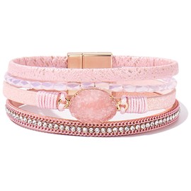 Leather Wrap Bracelet Boho Cuff Bracelets Crystal Bead Bracelet with Clasp Jewelry Gifts for Women(7.7", Pink)