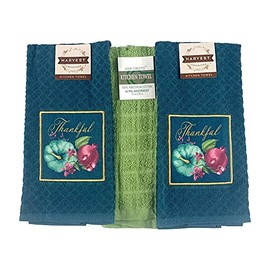 Serafina Home Fall Thanksgiving Kitchen Dish Towels Set: Two (2) Teal Blue with Thankful Colorful Pumpkin Patch Design (Floral Pumpkin)