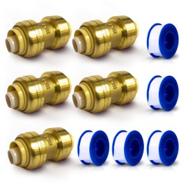 1" Push Fit Coupling Connection Fittings - Brass Plumbing Connectors for PEX, Copper, PVC Tubes & Pipes, Quick Connect, Bite Adapter, Slip Reducer, Valve Tool, Water Line Saver, Expansion - 5 Pack